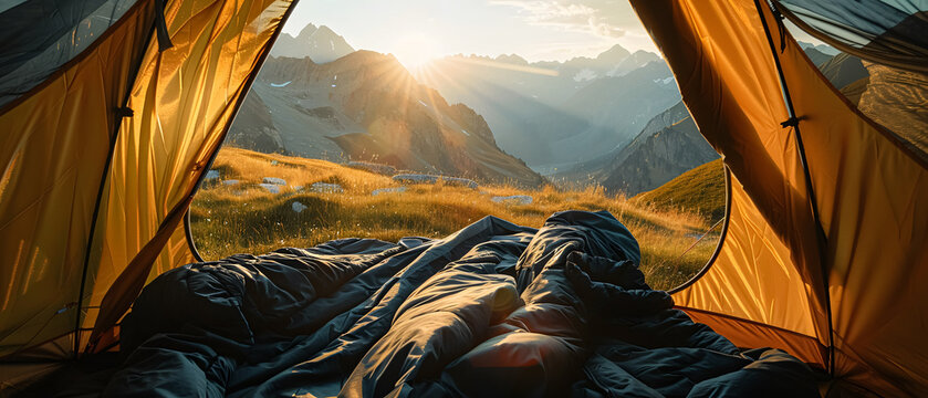 view from inside a tent with a beautiful view of the mountains at dawn