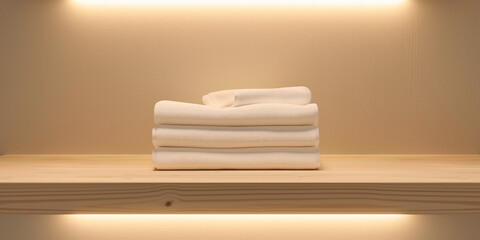 Stack of white towels on a wooden shelf with warm lighting
