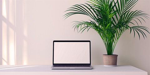 Laptop with blank screen next to a potted plant on a white desk