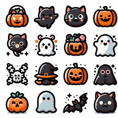 Cute Halloween Icons Set with Cat, Ghost, and Pumpkin

