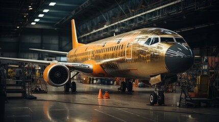 Obraz premium An orange airplane undergoing inspections in a well-lit hangar with ground support equipment
