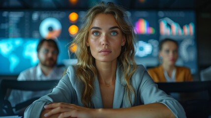 Fototapeta premium business presentation, a forward-thinking european female entrepreneur presenting a new product in a sleek boardroom with multimedia, minimalistic design accentuating the key points to potential