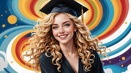 Young university graduate smiling on abstract colorful background. A girl with blond hair in a graduation cap. illustration