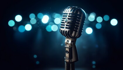 Vintage microphone with blue blurred lights in the background, creating a nostalgic and atmospheric ambiance.