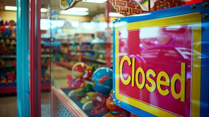 Colorful 'Closed' sign on a glass door of a toy store. Vibrant and playful atmosphere with bright colors.