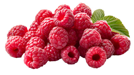 Fresh raspberries stacked with a vibrant green leaf.