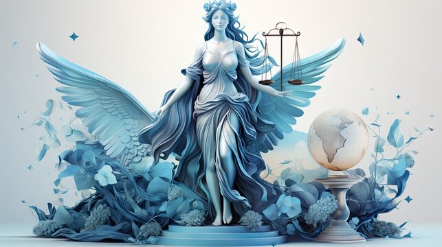 A beautifully rendered representation of the Statue of Justice as an angel holding scales and a globe, representing fairness