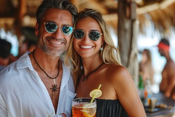 Attractive happy pair on the sea beach bar, woman and man, smiling on the beach club bar with cocktails in sunglasses