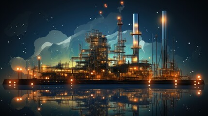 Fototapeta premium A digital concept art of an industrial complex with illuminated structures reflecting in water, depicting energy and technology themes