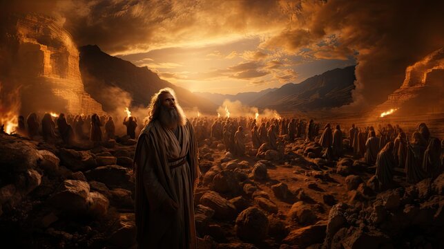 A cinematic portrayal of a biblical prophet in a dramatic desert setting with followers and fire