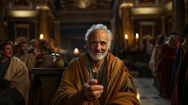 An endearing scene in an ancient setting, showing a wise old man sharing a joyous moment