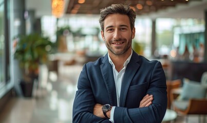 A half-body portrait of a male professional insurance expert, exuding trust and reliability, standing in a spacious and bright modern office setting