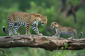 A mother leopard, Panther Pardus, greets its cub while balancing on a log,Londolozi Game Reserve