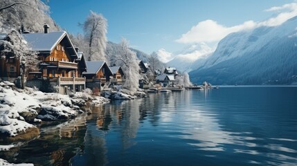 Pristine winter scene with snow-covered cottages and trees by a tranquil lake, reflecting tranquility and cold