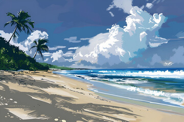 A nice beach with white sand, cloud, palm tree and wave