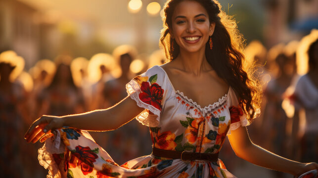 A joyful traditional dancer performing at a festival during golden hour with a crowd in the background