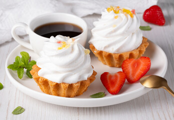 Cake basket and coffee in a plate for breakfast