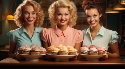 Three smiling women dressed in vintage waitress uniforms hold trays of cupcakes in a retro diner setting - Powered by Adobe