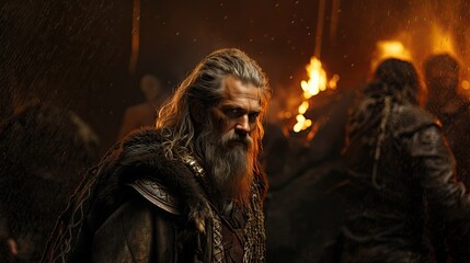 Obraz premium An epic scene with a Viking warrior in traditional costume standing in front of a burning background