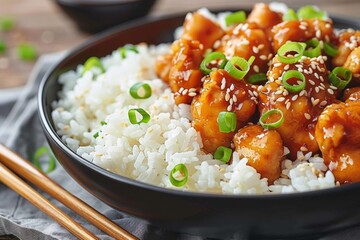 Teriyaki chicken topped with sesame seeds and green onions in an elegant black bowl - culinary presentation - recipe inspiration - gourmet dining