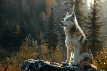 A Tarascan dog is positioned on a rock in a forest