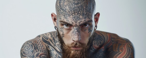 Obraz premium tattooed man with a beard, exhibiting detailed ink patterns on skin.