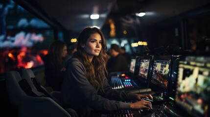 A professional woman with an intense focus operates a sophisticated sound mixing console in a dimly lit environment