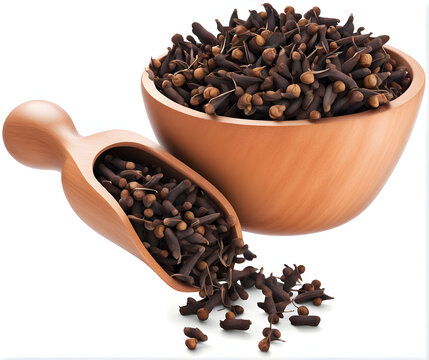 Pote de madeira com cravos da &iacute;ndia. Por&ccedil;&atilde;o de tempero em tigela de madeira isolado em fundo branco 