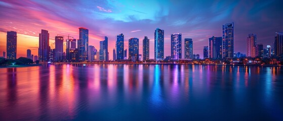 Stunning city skyline at sunset with vibrant colors reflecting on the water, showcasing modern skyscrapers and urban beauty.