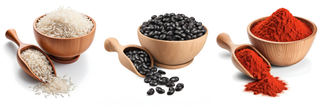 Conjunto de ingredientes em tigela de madeira, por&ccedil;&atilde;o de arroz, feij&atilde;o preto e p&aacute;prica/ colorau isolados em fundo branco 