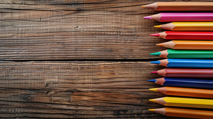 vibrant colored pencils arranged in a row on a rustic wooden background