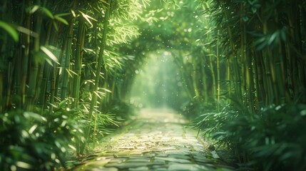 Sunlight filtering through lush green bamboo leaves, creating a serene natural atmosphere. Perfect depiction of nature's tranquility.