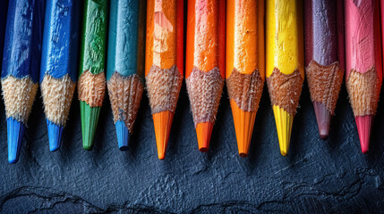 colorful array of sharpened pencils on dark slate texture for creative projects