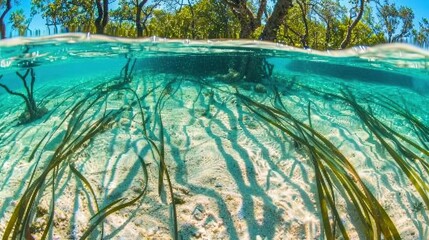   Underwater shot of a sandy beach with trees and grass in fg, clear blue sky in bg