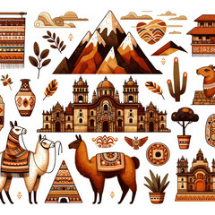 Traditional Peruvian Architecture and Cultural Elements Illustration