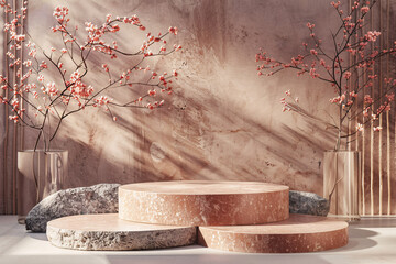 Modern product stand design with cherry blossoms against a textured backdrop