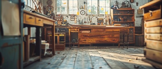 Obraz premium Sunlit vintage woodworking shop with rustic workbenches, tools, and a cluttered yet charming ambiance, ideal for creative projects.