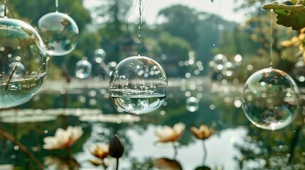   Bubbles float atop the lake beside the verdant forest filled with water lilies - Powered by Adobe