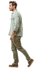 Naklejka premium Isolated walking handsome young man wearing khaki trousera, png,cutout on transparent background, ready for architectural visualisation