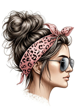 Beautiful Woman Wearing Sunglasses & a Pink Leopard Print Bandana Headband, with messy bun