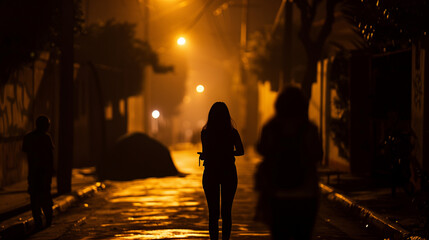 Woman walking on the street at night.