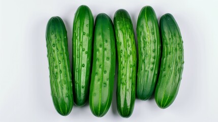 Top view of six green cucumbers aligned in a row on a white surface showcasing their freshness