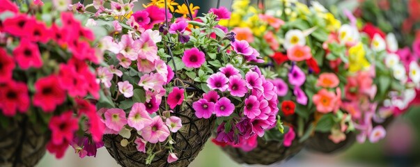 Obraz premium Vibrant hanging flowers baskets in bloom.
