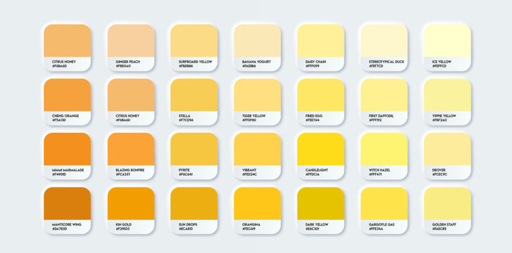 Yellow and orange pantone color palette set in rgb hex. Yellow color catalog. Multicolor palette for your design