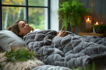 A calming scene of a person using a weighted blanket, promoting a sense of security and restful sleep.