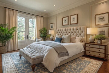 A serene bedroom with soothing pastel colors, soft textures, and a peaceful atmosphere, perfect for restful sleep.
