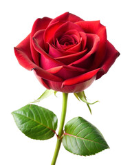 A detailed red rose with lush green leaves stands against a transparent background