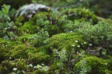 Closeup of vibrant green moss and miniature plant life on a forest floor, highlighting intricate details