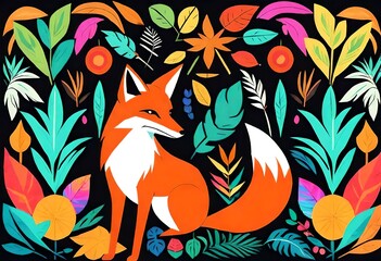 Naklejka premium Geometric farming,70s Maximalist,pattern,, colorful vibrant, fox,, tropical elements, animals, flat color