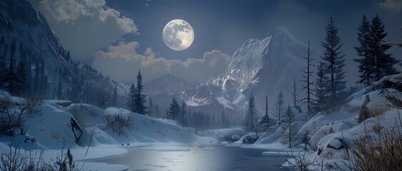 Full moon shines over frozen lake surrounded by snow covered mountains, The moon shines over frozen lake in this beautiful winter landscape.